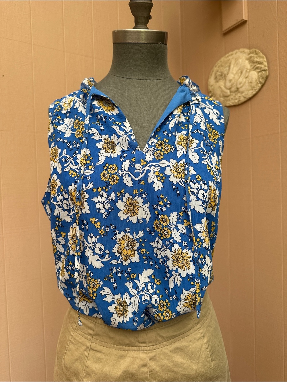 J Crew Blue Floral Sleeveless V-Neck Top with Drawstring
